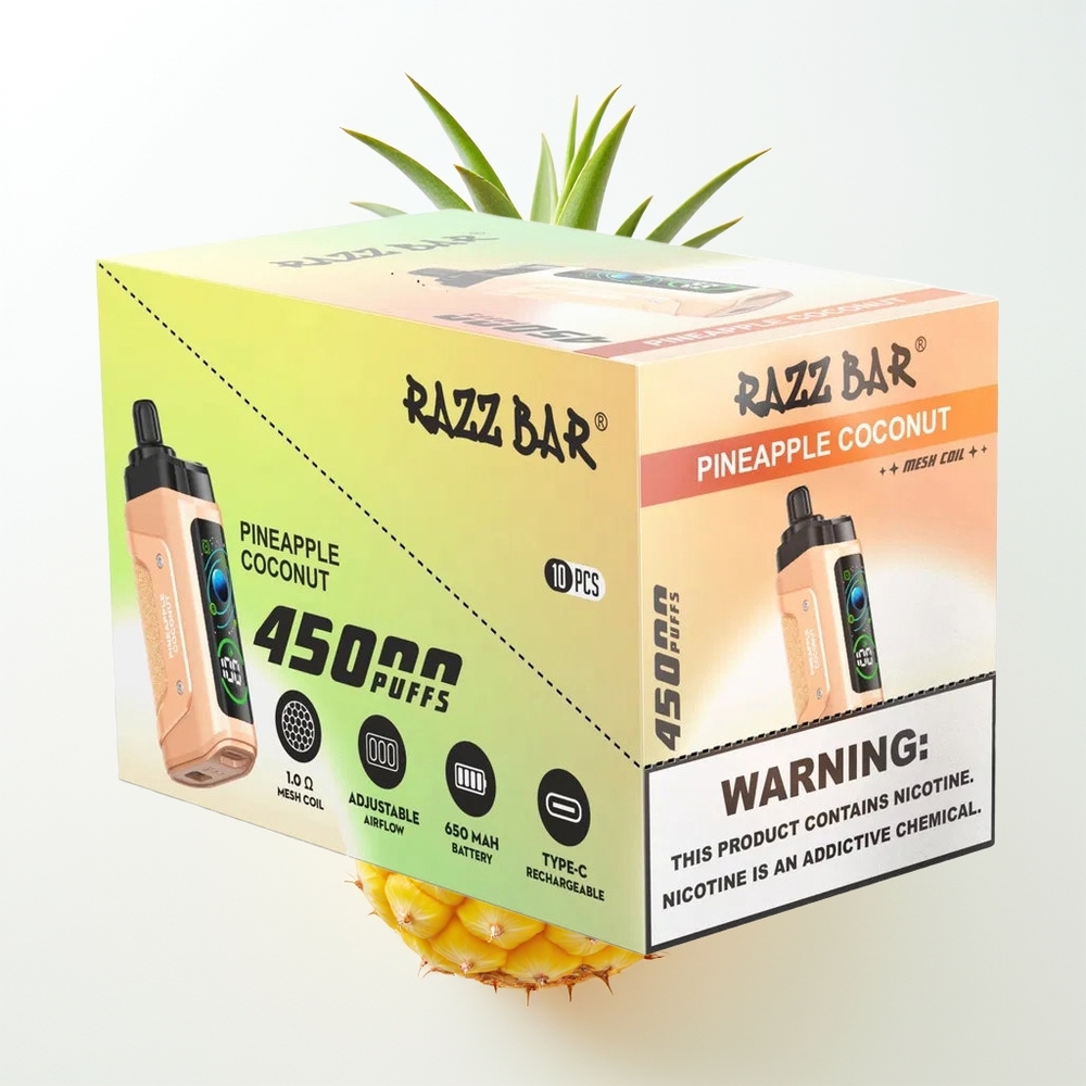 Razz Bar 45000 Pūšu Izmetamais Veips Ananāsu Kokosriekstu 1.0 Ohm Sietspole 650 Mah Type-C Uzlādējams 20 mg/ml Nikotīns