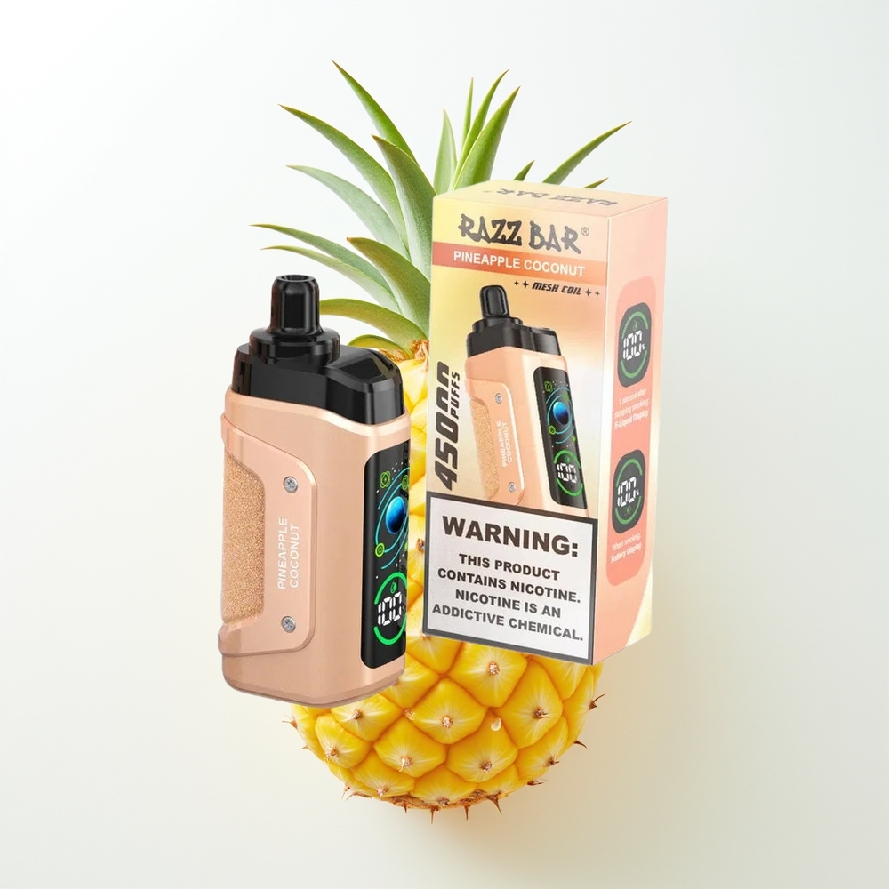Razz Bar 45000 Pūšu Izmetamais Veips Ananāsu Kokosriekstu 1.0 Ohm Sietspole 650 Mah Type-C Uzlādējams 20 mg/ml Nikotīns