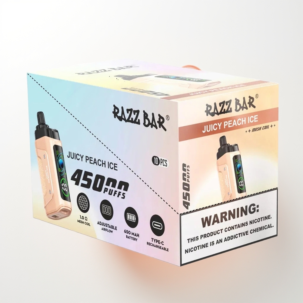 Razz Bar 45000 Pūšu Vienreizējās Lietošanas Vape Sulušais Persiks Ledus ar 1.0 Ohm Mesh Coil, Adjustable Airflow un Type-C Uzlāde