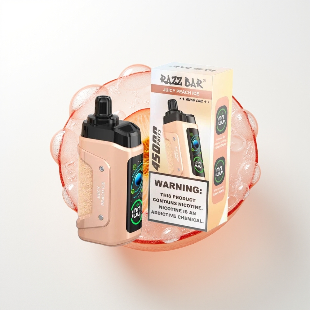 Razz Bar 45000 Pūšu Vienreizējās Lietošanas Vape Sulušais Persiks Ledus ar 1.0 Ohm Mesh Coil, Adjustable Airflow un Type-C Uzlāde