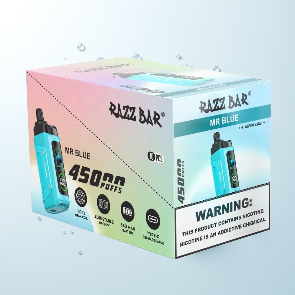 Razz Bar 45000 Pūšu Vienreizējās Lietošanas Vape Zilais Mr Mesh Coil Adjustable Airflow Type-C