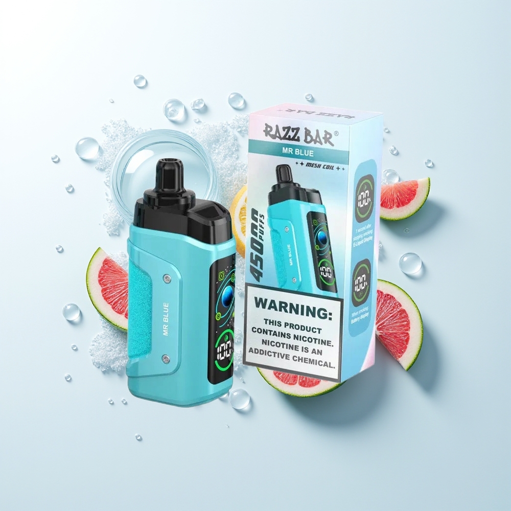 Razz Bar 45000 Pūšu Vienreizējās Lietošanas Vape Zilais Mr Mesh Coil Adjustable Airflow Type-C