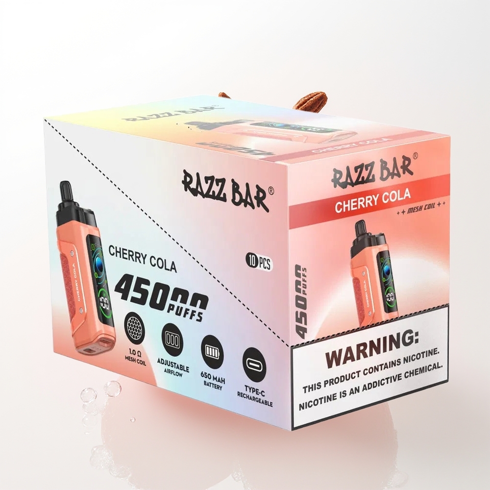 Razz Bar 45000 Pūšu Vienreizējās Lietošanas Vape Ķiršu Kola 1.0 Ohm Mesh Coil Adjustable Airflow 650 Mah Type-C 20 mg/ml