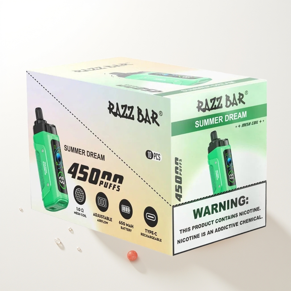 Razz Bar 45000 Puffu Vienreizējās Lietošanas Vape Vasara Sapnis 1.0 Ohm Mesh Coil Adjustable Airflow 650 Mah Type-C 20 mg/ml Nikotīns