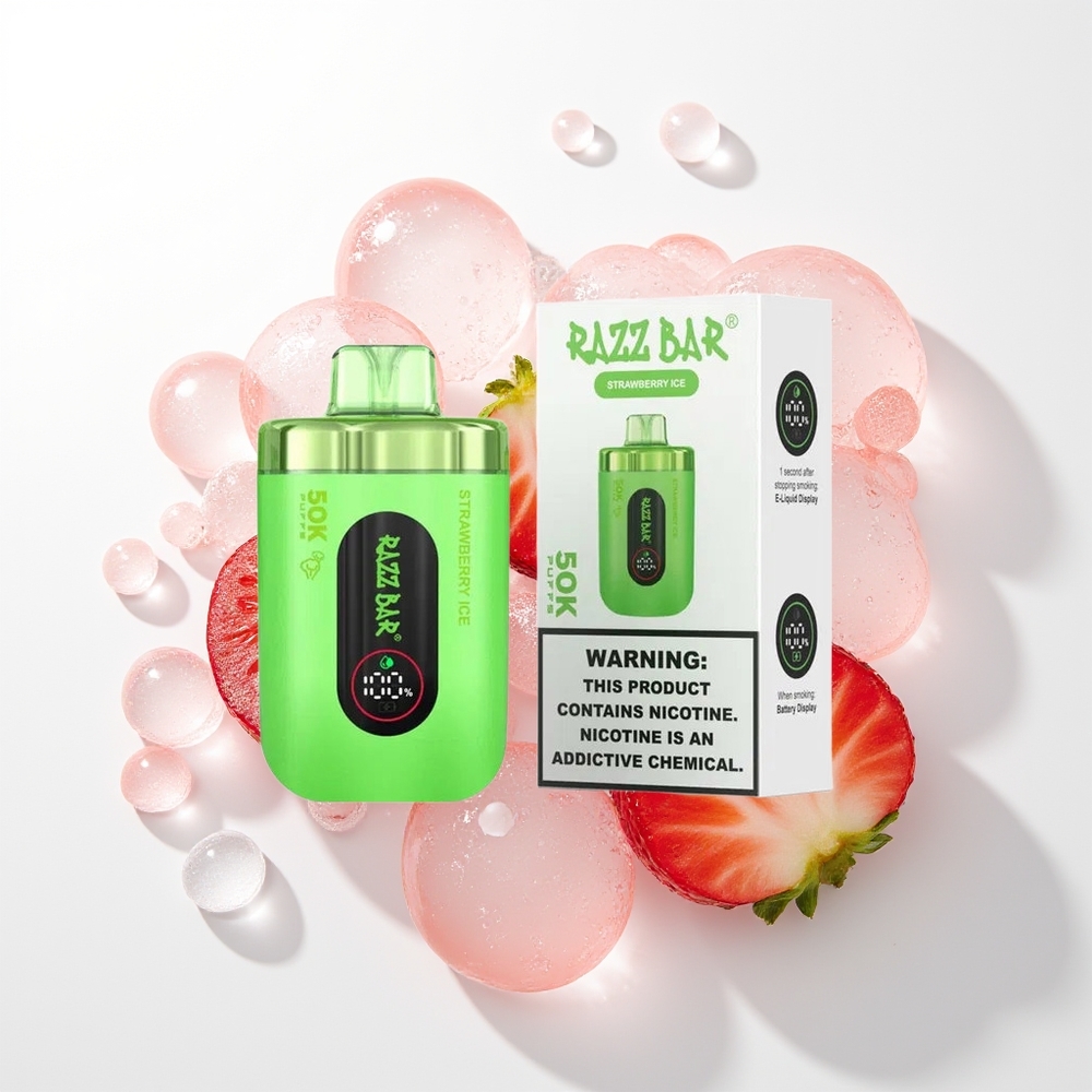 Razz Bar 50K Iesūkumi Vienreizējās Lietošanas Vape Zemeņu Ledus 1.0 Ohm Mesh Coil 650 Mah Type-C 2% Nikotīns