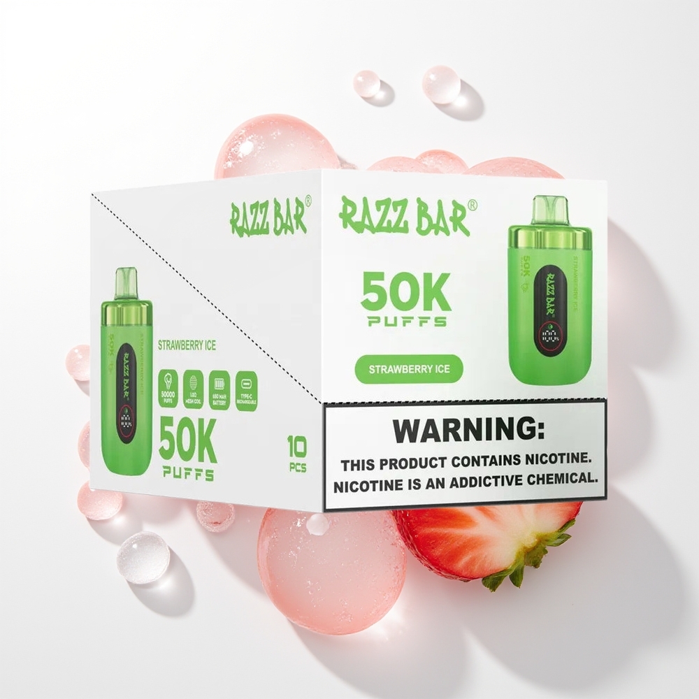 Razz Bar 50K Iesūkumi Vienreizējās Lietošanas Vape Zemeņu Ledus 1.0 Ohm Mesh Coil 650 Mah Type-C 2% Nikotīns