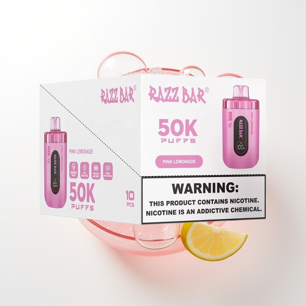 Razz Bar 50K Pūši Vienreizējās Lietošanas Vape Rozā Citronāde 1.0 Ohm 650mAh Type-C