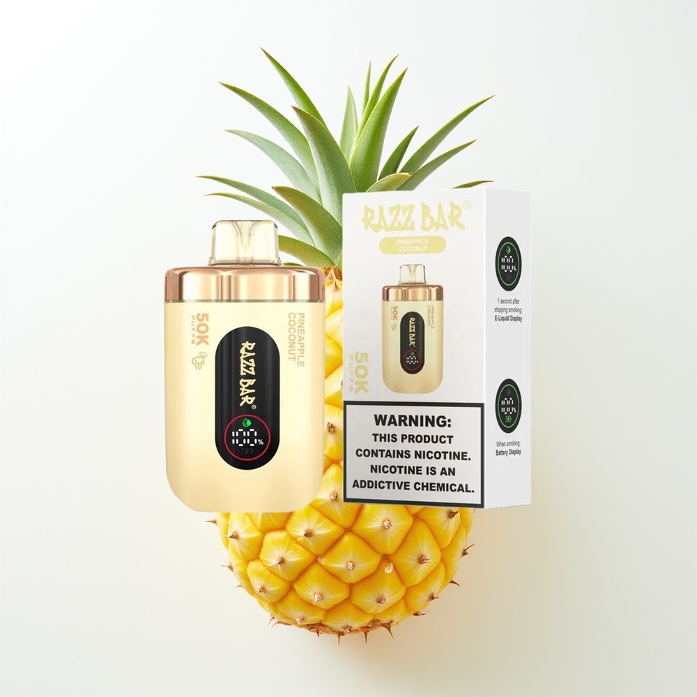 Razz Bar 50K Pūšu Izmantojams Vape Ananāsu-Kokosrieksts 1.0 Ohm Tīkls Spole 650 Mah Akumulators Type-C Uzlādējams 2% Nikotīns