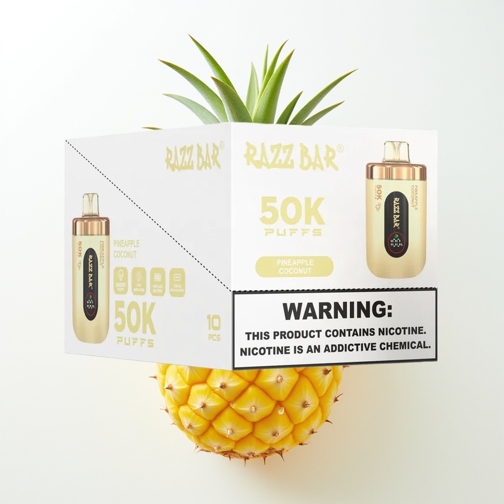 Razz Bar 50K Pūšu Izmantojams Vape Ananāsu-Kokosrieksts 1.0 Ohm Tīkls Spole 650 Mah Akumulators Type-C Uzlādējams 2% Nikotīns