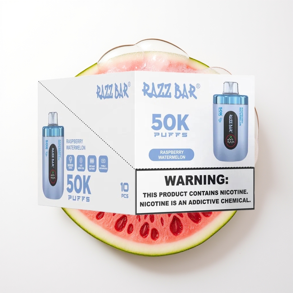 Razz Bar 50K Pūšu Izmetamais Veips Aveņu Arbūzs 1.0 Ohm Tīkls 650mAh Type-C 2% Nikotīns