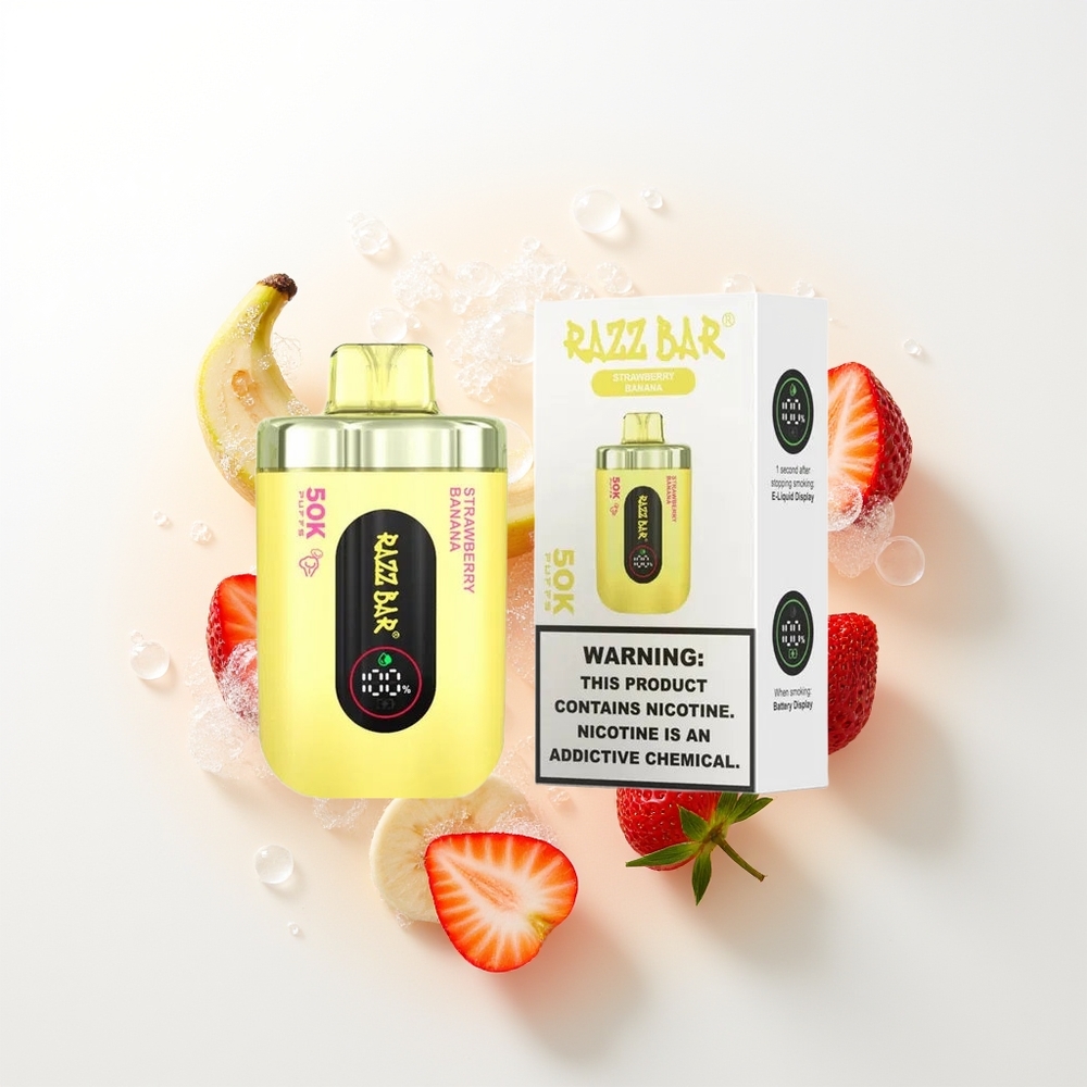 Razz Bar 50K Pūšu Izmetamais Veips Zemene Banāns 1.0 Ohm Sīkklāšu Spole 650mAh Type-C 2% Nikotīns