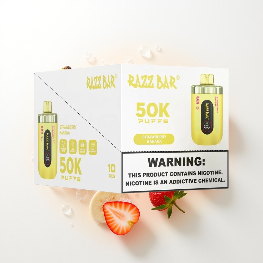Razz Bar 50K Pūšu Izmetamais Veips Zemene Banāns 1.0 Ohm Sīkklāšu Spole 650mAh Type-C 2% Nikotīns