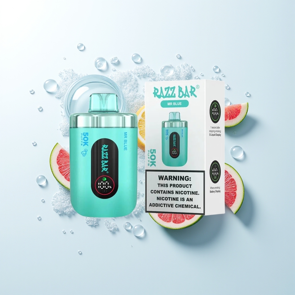 Razz Bar 50K Pūšu Vienreizējās Lietošanas Vape Mēļais Zils 1.0 Ohm Mesh Coil 650mAh Type-C 2% Nikotīns