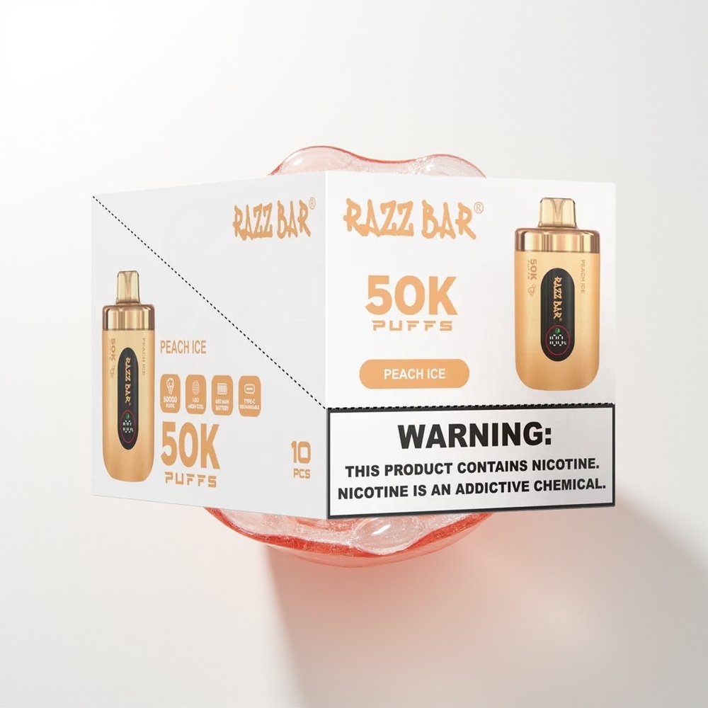 Razz Bar 50K Pūšu Vienreizējās Lietošanas Vape Persiku Ledus ar 1.0 Ohm Mesh Coil, 650 Mah Battery, Type-C Uzlāde, 2% Nikotīna Saturs