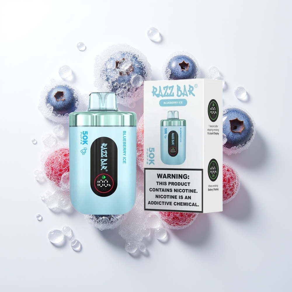 Razz Bar 50K Pūšu Vienreizējās Lietošanas Vape Zemenes Ledus 1.0 Ohm Tīkls 650 Mah Type-C 2% Nikotīns