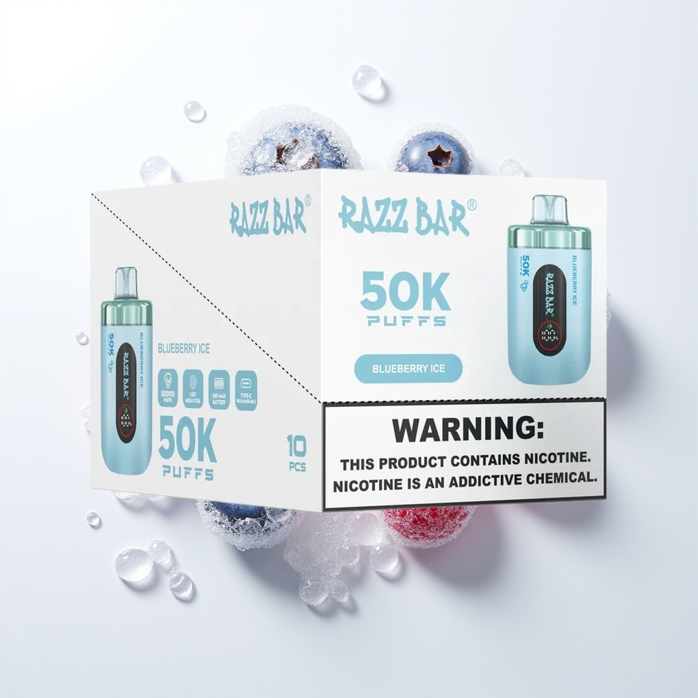 Razz Bar 50K Pūšu Vienreizējās Lietošanas Vape Zemenes Ledus 1.0 Ohm Tīkls 650 Mah Type-C 2% Nikotīns