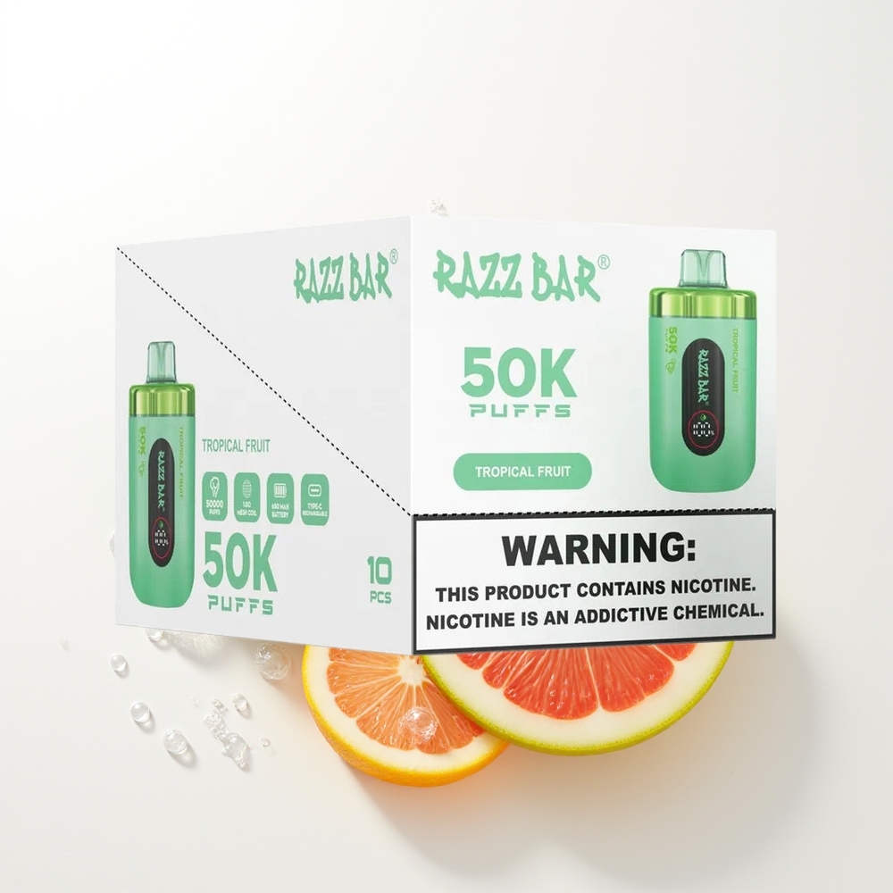 Razz Bar 50K Puffs Disposable Tropiskie Augļi 1.0 Ohm Mesh Coil 650mAh Type-C 2% Nikotīna