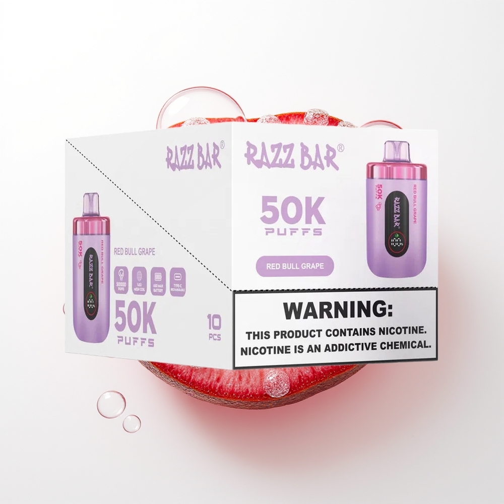 Razz Bar 50K Puffs Izmētamais Vape Red Bull Vīnogu 1.0 Ohm Mesh Coil 650mAh Type-C 2% Nikotīns