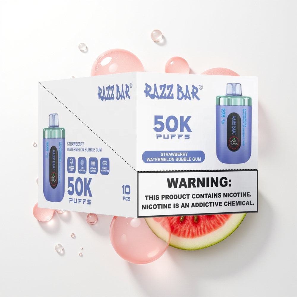 Razz Bar 50K Puffs Vienreizējās Lietošanas Vape 50000 Iemūkšanas 1.0 Ohm Mesh Coil 650 Mah Battery Type-C Uzlādējams 2% Nikotīna Saturs Zemeņu Arbūzu Sapņu Gumija