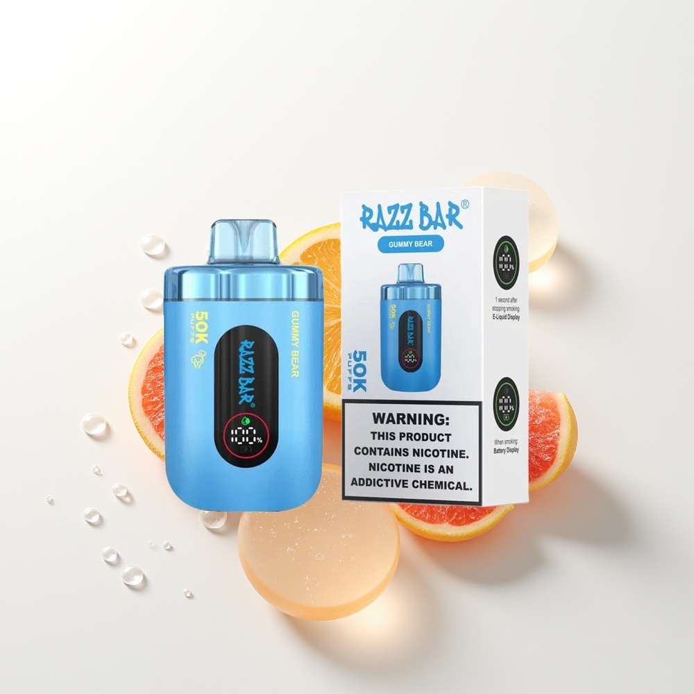 Razz Bar 50K Puffs Vienreizējās Lietošanas Vape Gummy Bear (Lāču Sīrupa) 1.0 Ohm Mesh Coil 650mAh Type-C 2% Nikotīna