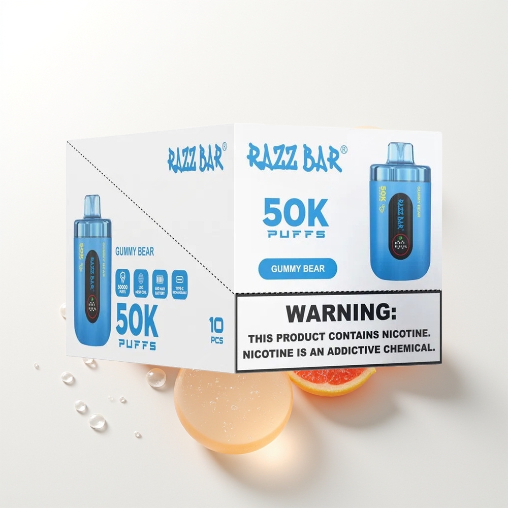 Razz Bar 50K Puffs Vienreizējās Lietošanas Vape Gummy Bear (Lāču Sīrupa) 1.0 Ohm Mesh Coil 650mAh Type-C 2% Nikotīna